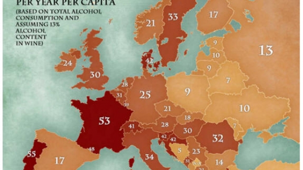 La consommation de vin annuelle et par personne en Europe - La France arrive en 2 ème position, derrière le Portugal !