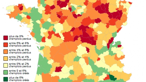 La France perd jusqu'à 8% de ses emplois sur une grande partie de son territoire. Seules quelques régions sont encore capables de générer de la croissance par la création de postes de travail et d'embauches !