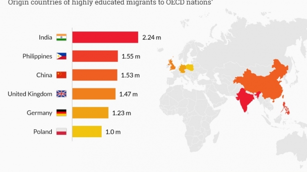 Les pays d'origine des migrants les plus éduqués vers les pays de l'OCDE - Le top 6 avec en tête l'Inde