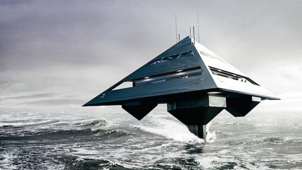 Le Tetrahedron est un Super Yacht ultra-futuriste qui flotte sur l’eau ! Ce concept est conçu à partir d’acier inoxydable et de fibre de carbone, utilisant la technologie HYSWAS , lui donnant l’illusion de flotter dans les airs.