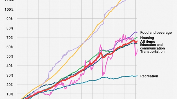 Inflation des prix de différents biens et services de consommation, de 1993 à aujourd'hui -  Seuls les prix des biens vestimentaires ont baissé au fil du temps