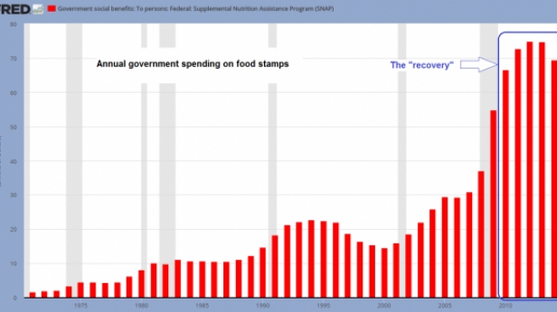 Les dépenses du gouvernement américain en bons alimentaires n'ont jamais été aussi élevées que pendant la reprise - Chiffres de 1970-2015