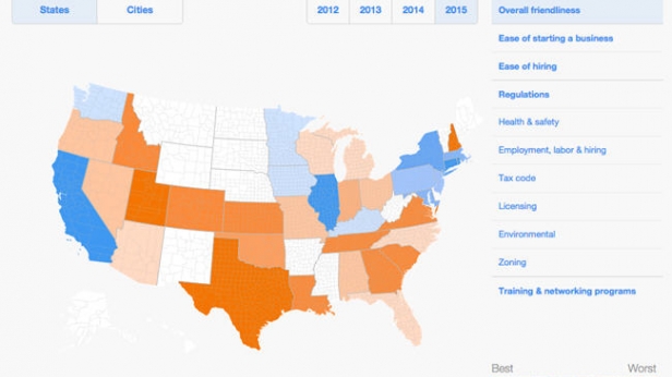 Carte des USA qui distingue en couleurs les Etats qui encouragent le plus et le moins l'entrepreneuriat