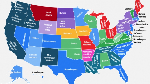 Une carte des USA qui met en évidence les métiers les plus souvent occupés par les migrants par Etat